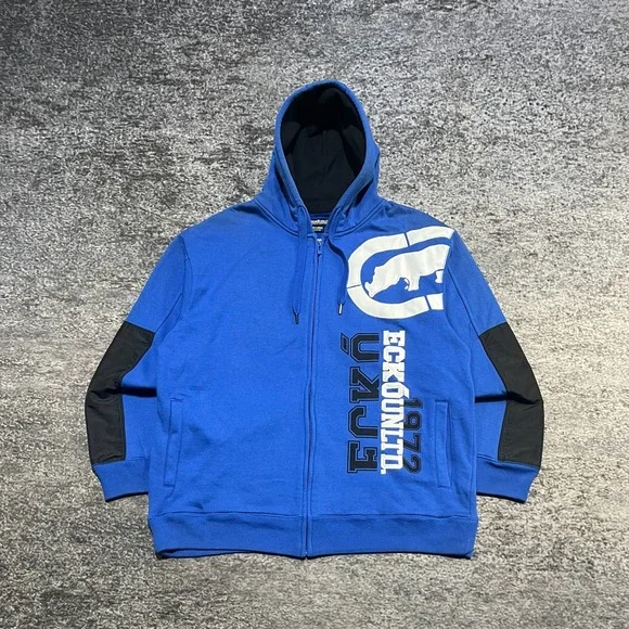 Ecko Unltd Zip Up Hoodie Mens XXL Blue Black Vintage Y2K 2000s Grunge Skater - Picture 1 of 11